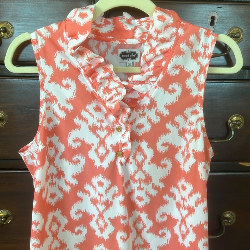 Mud Pie Coral and White Sleeveless Ruffle Neck Blouse